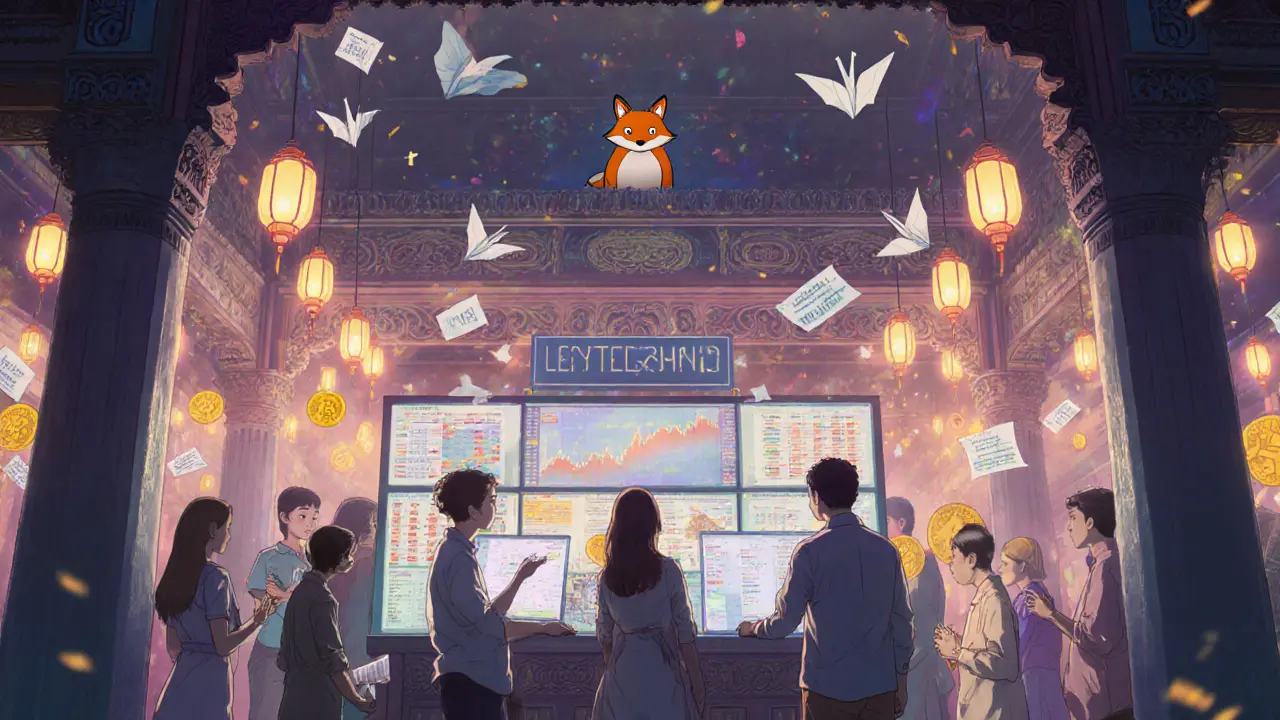 A serene crypto exchange in Mumbai with glowing tokens and paper cranes floating in a temple-like space.