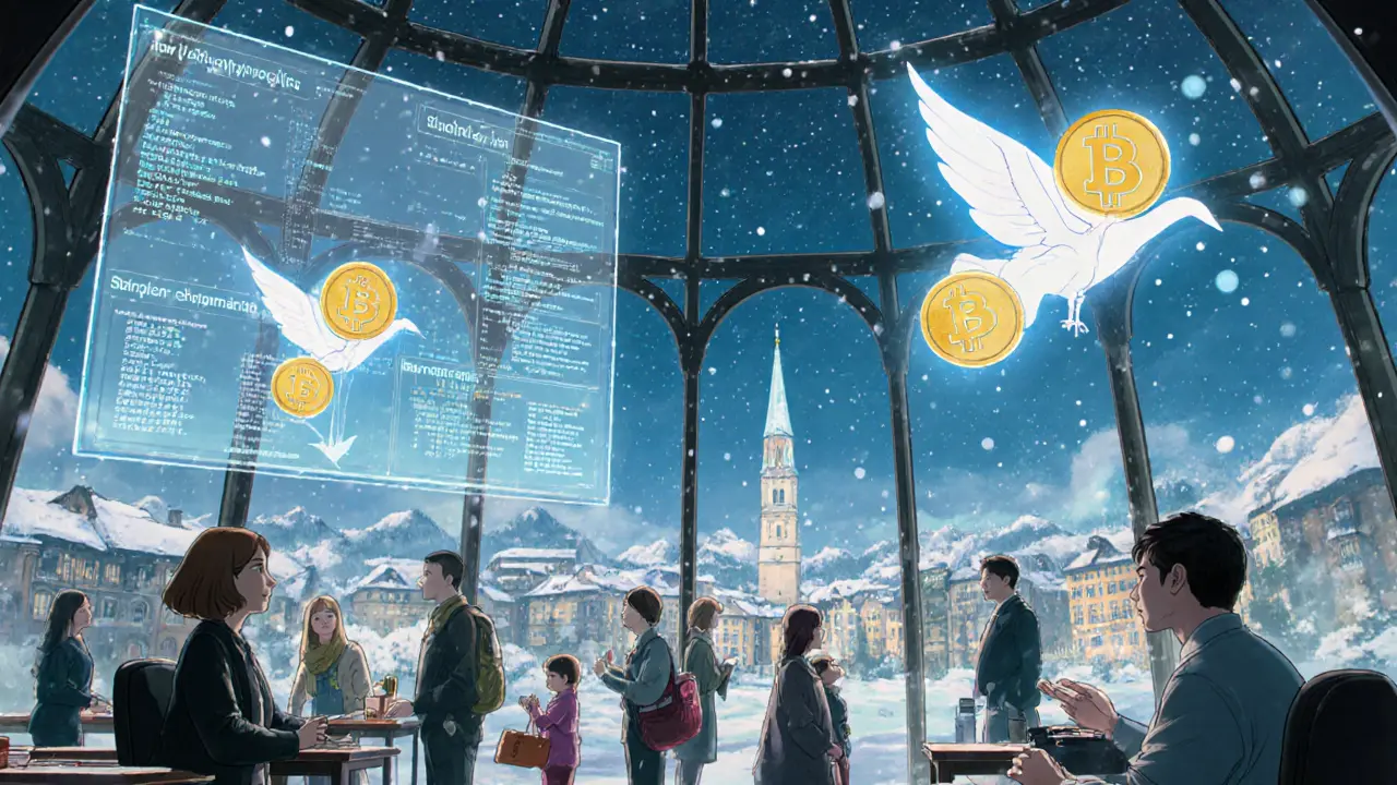 A serene crypto finance hub with floating holograms and light creatures, symbolizing secure, accessible digital wealth.