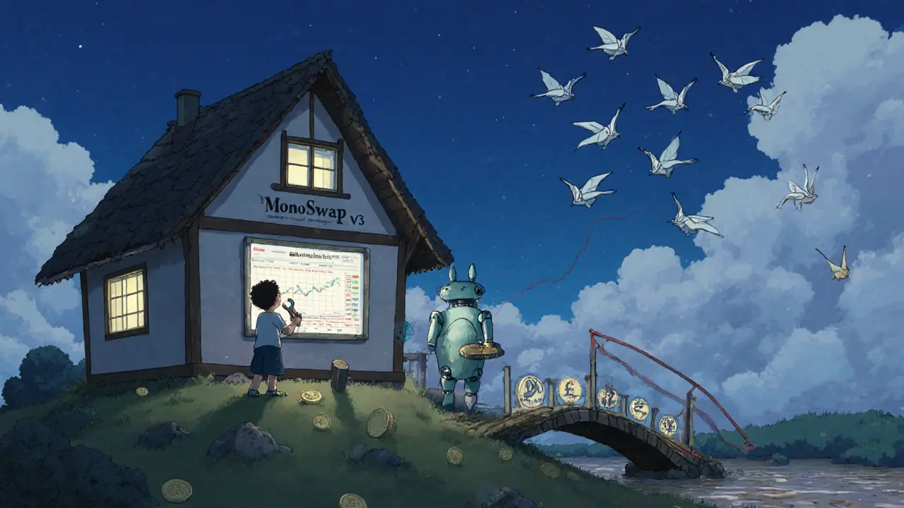 A small cottage with a trading interface, a robot fixing a broken coin bridge, and paper cranes flying away.