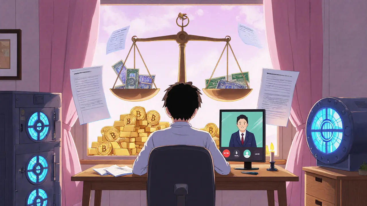 A trader in a cozy room reviewing crypto audits and cold storage vaults with a bank officer on video call.