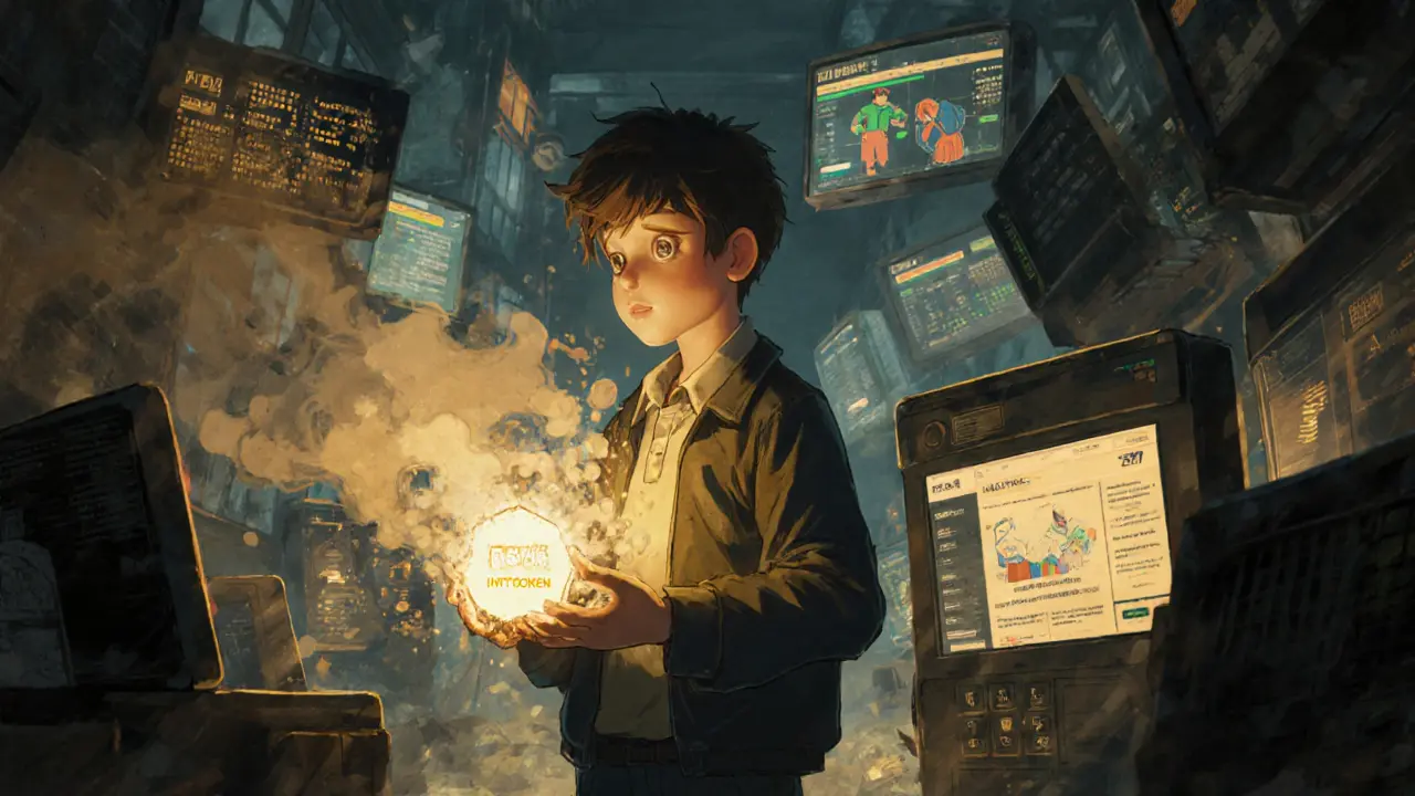 A trader watches a fake token turn to ash in a silent digital marketplace.