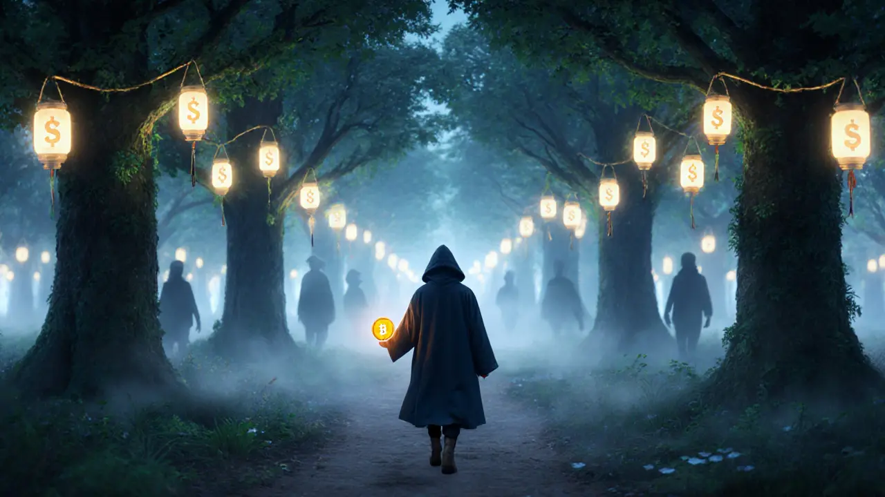 A traveler walks through a glowing forest of SOLO tokens, while faded paths behind them represent missed opportunities.