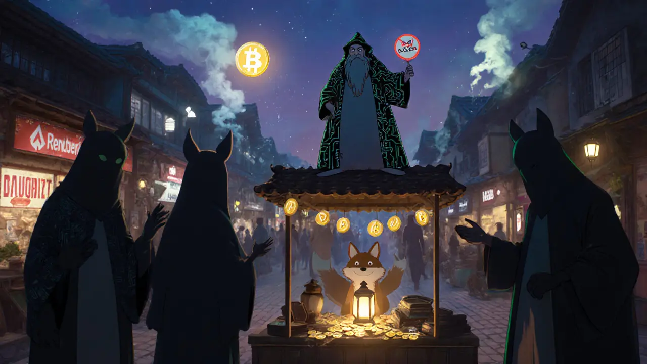 A wise fox warns against fake ZHT tokens at a dusk marketplace, while real projects shine safely in the distance.
