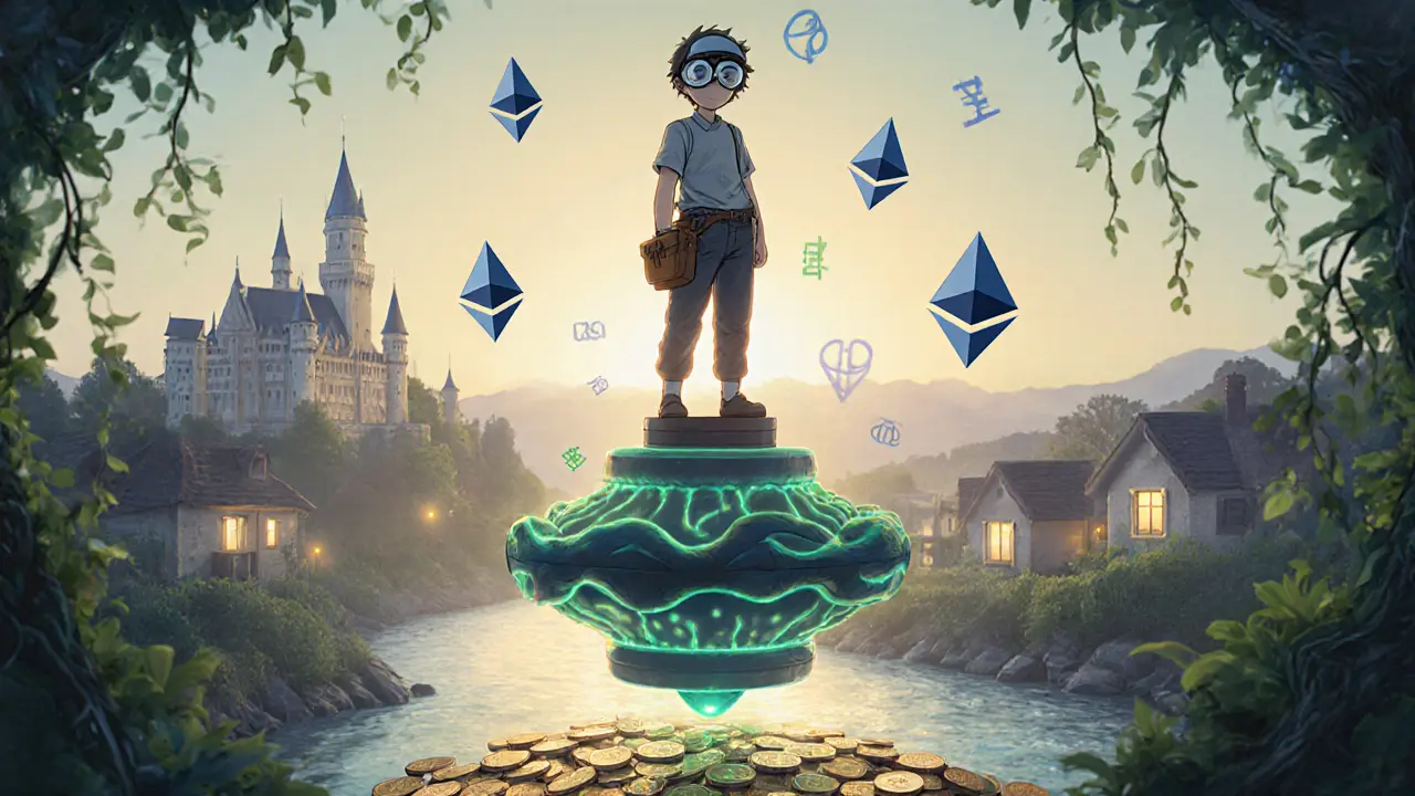 A young engineer stands atop a spinning rollup machine as coins multiply into a gentle river below.