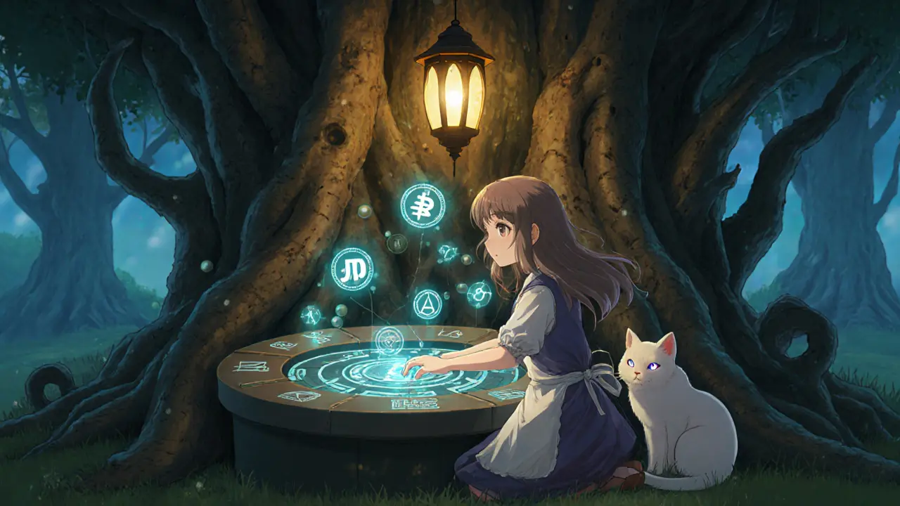 A young girl in a tree-root tower operates a magical console with floating glyphs, while a cat-like spirit curls beside her.