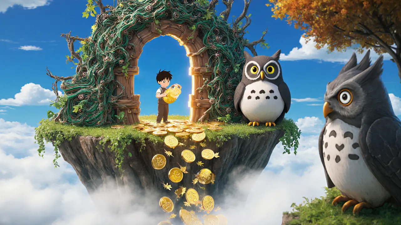 A young holder activates a mystical gateway to receive CORE tokens, with an owl guardian watching as tokens fall like leaves.