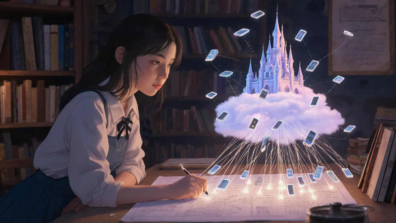 A young inventor studies a holographic network of connected smartphones in a cozy, book-filled workshop.