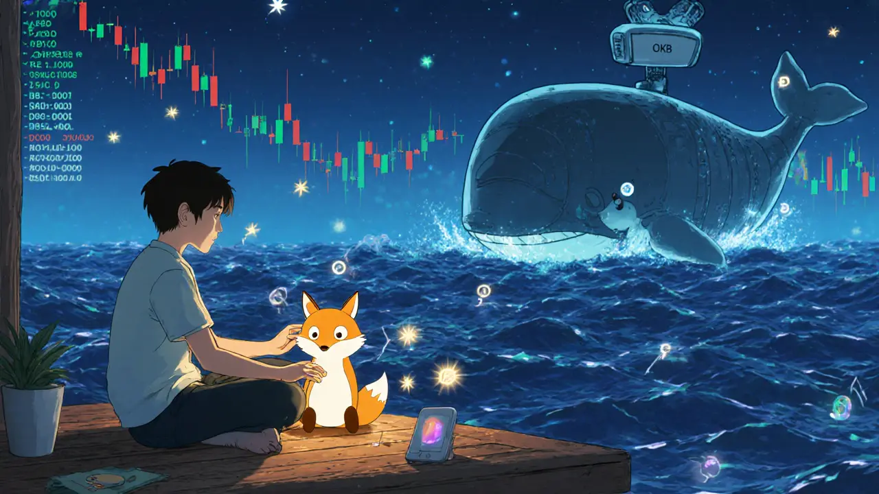 A young trader guided by a spirit fox through animated trading charts, with firefly-like code glowing around them.