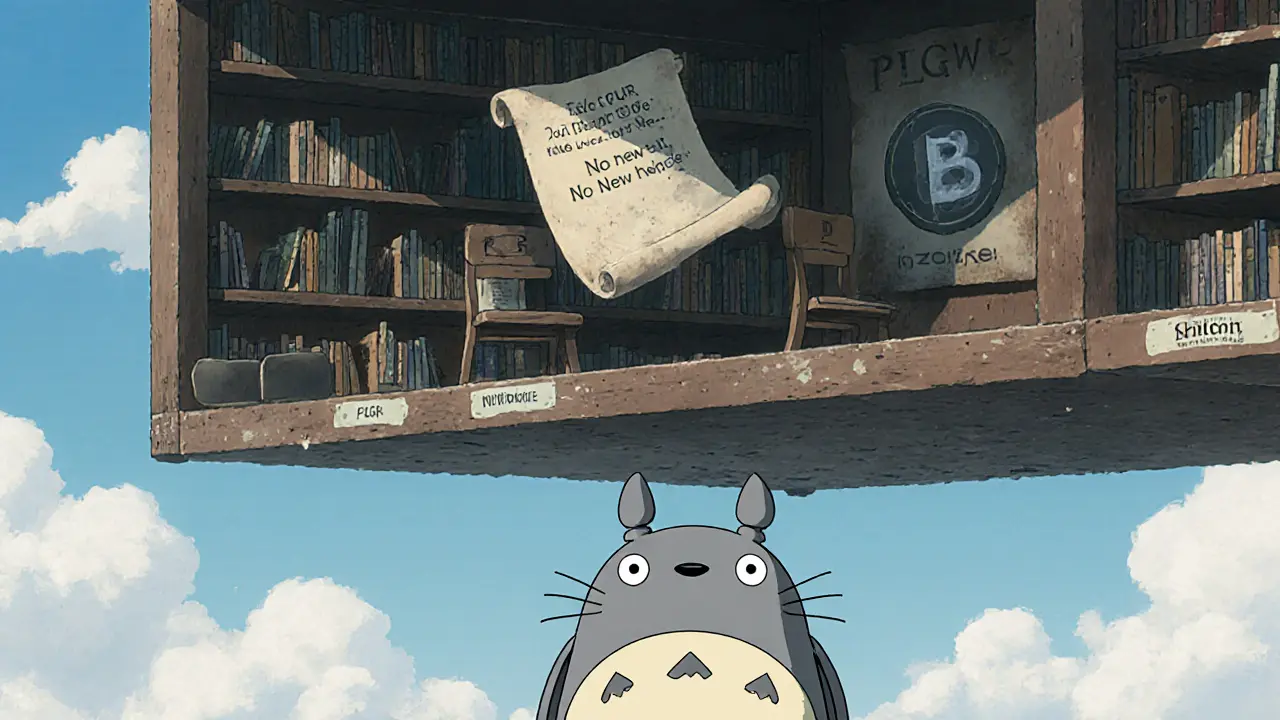 An abandoned floating library with dusty PLGR scrolls, a small robot sweeping as wind blows through empty chairs.