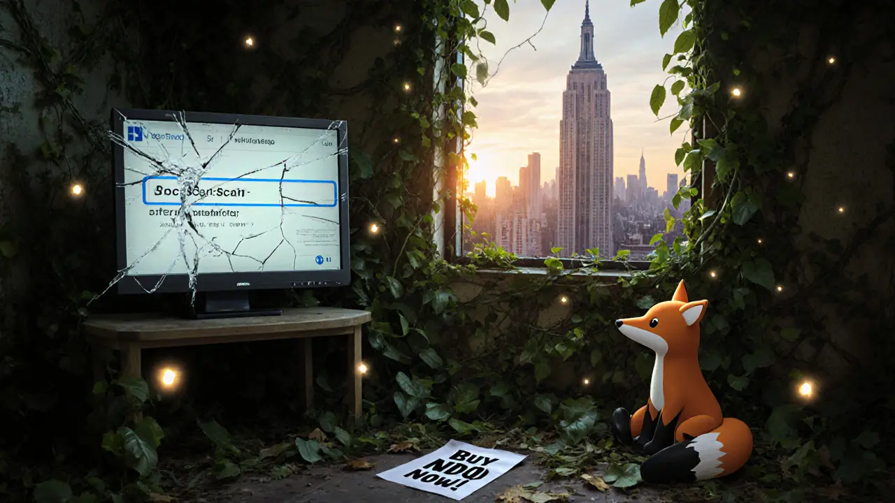 An abandoned server room overgrown with vines, a broken monitor showing a frozen crypto address.