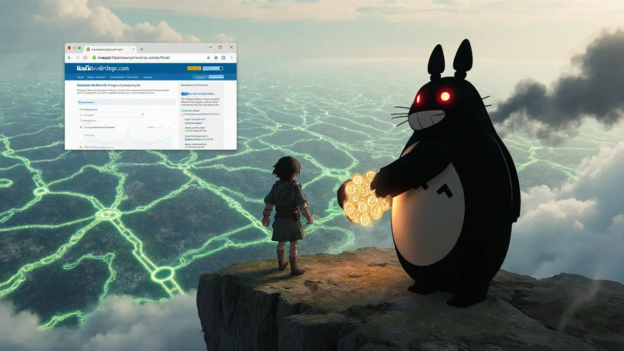 An adventurer rejects a scammer’s fake airdrop offer, holding a real Larix dashboard as earned tokens glow warmly.