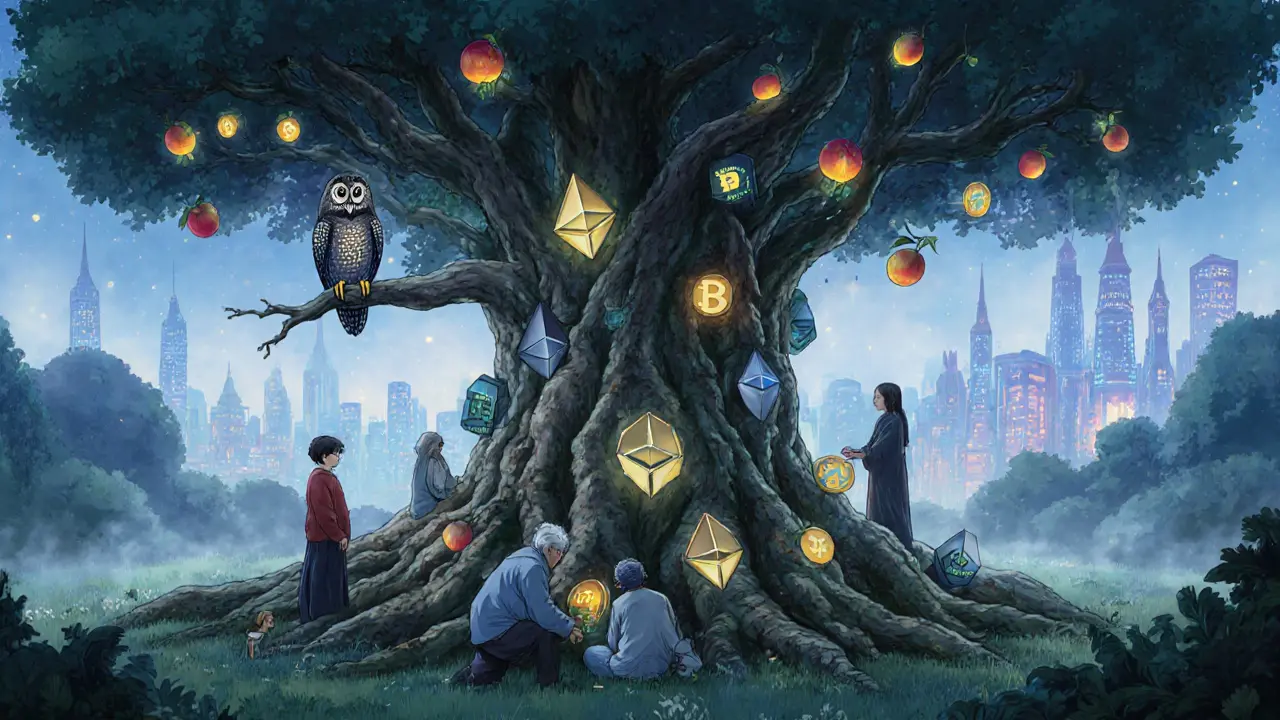 An ancient blockchain tree with token fruits, people harvesting carefully as a wise owl observes in a misty valley.