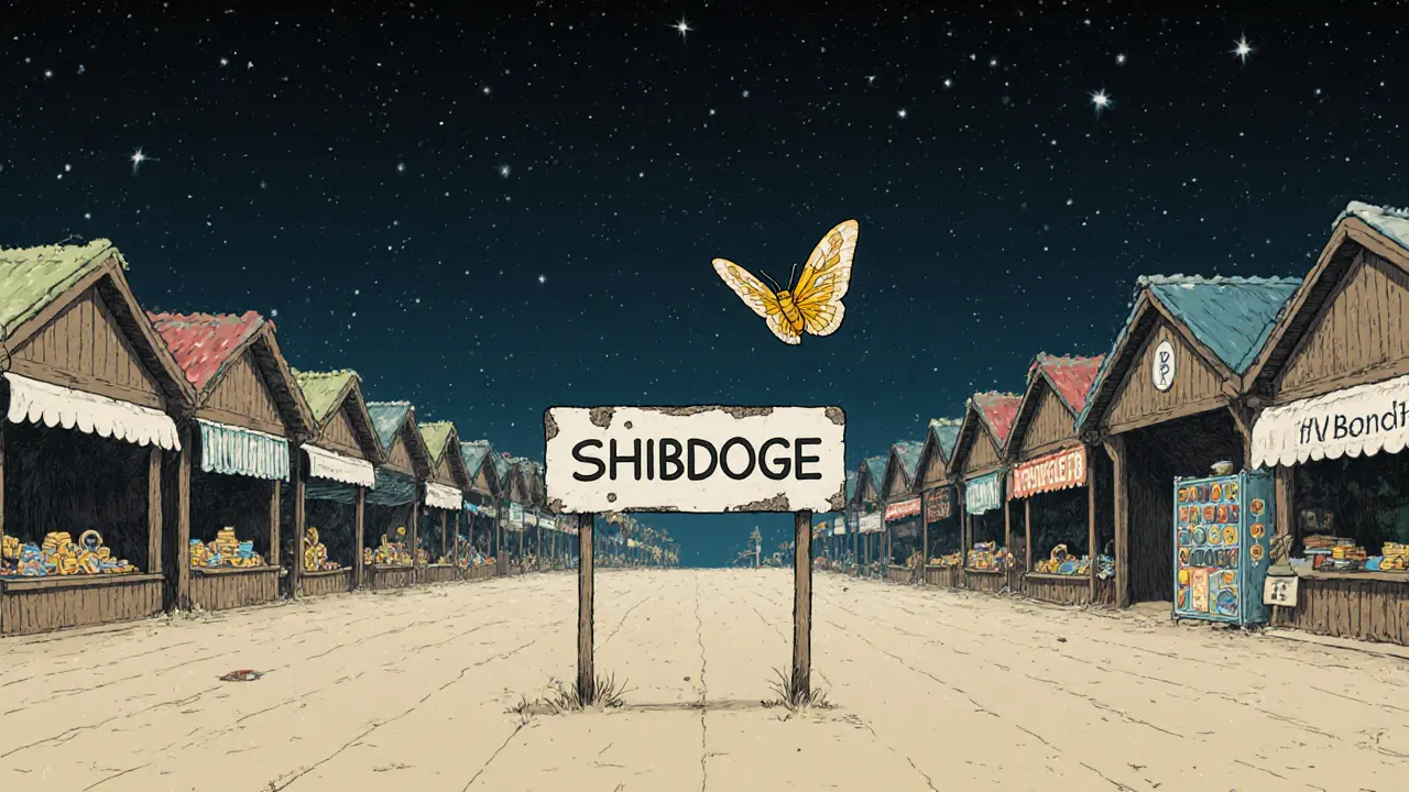 An empty digital marketplace with a single faded &#039;SHIBDOGE&#039; sign and a moth made of blockchain code fluttering near it.