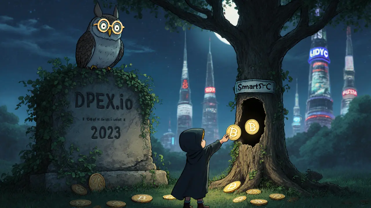 An owl perched on a crumbling DPEX.io monument as a child places a token into a silent SmartOTC tree.