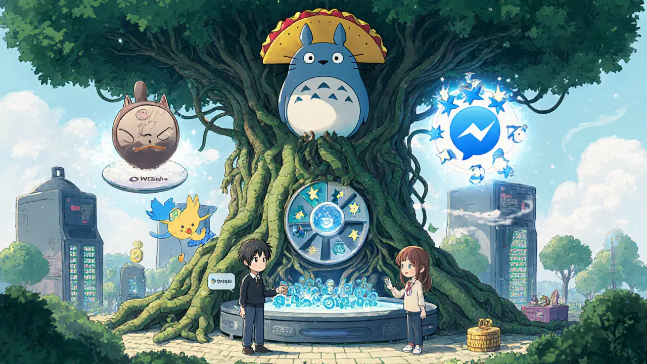 Anime characters complete airdrop steps in a magical tree-server marketplace under a glowing cat with taco ears.