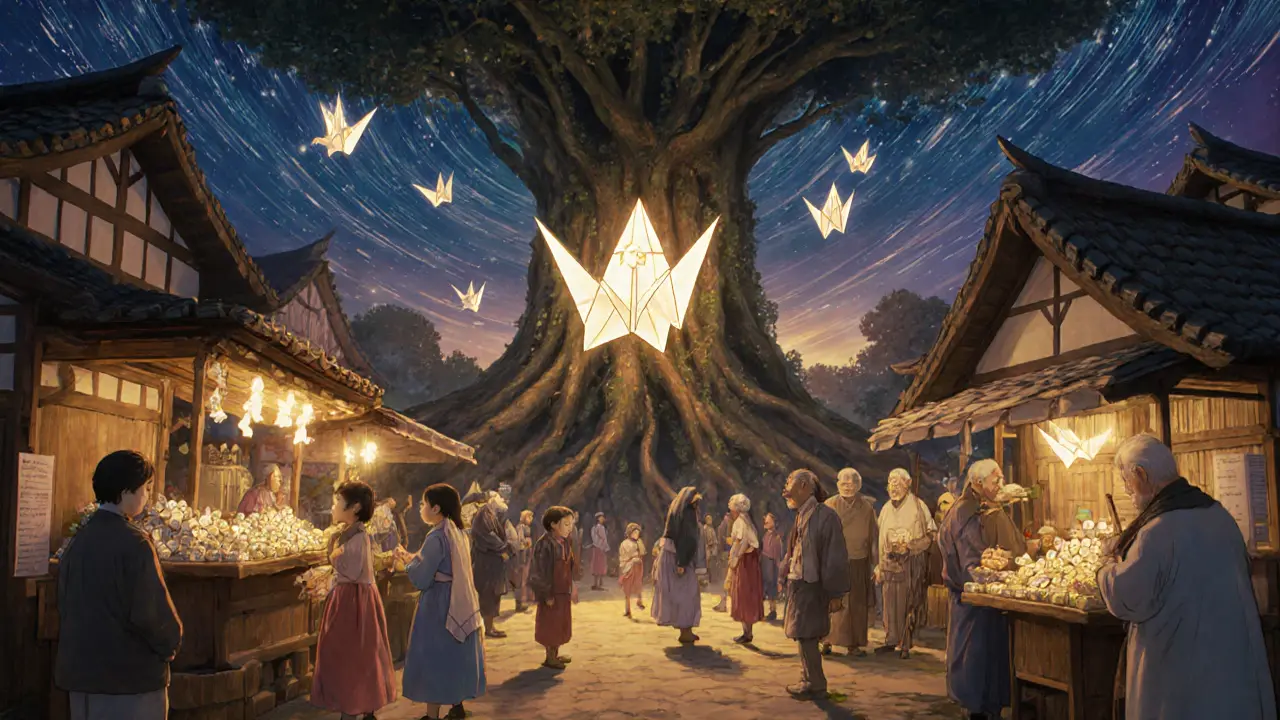 Characters trade NFTs in a magical marketplace as paper cranes turn into shimmering proofs under a starry sky.