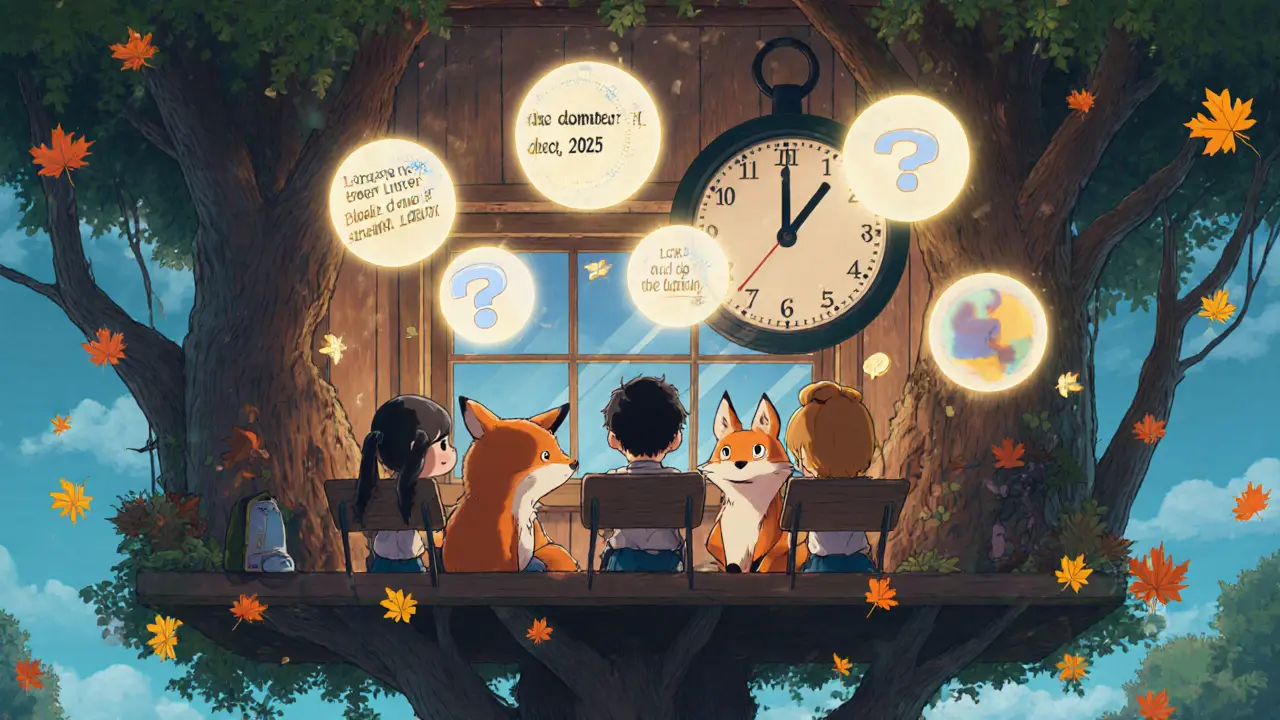 Children and fox-like creatures learn about lending in a sky-bound classroom, with quiz orbs lighting up above their heads.