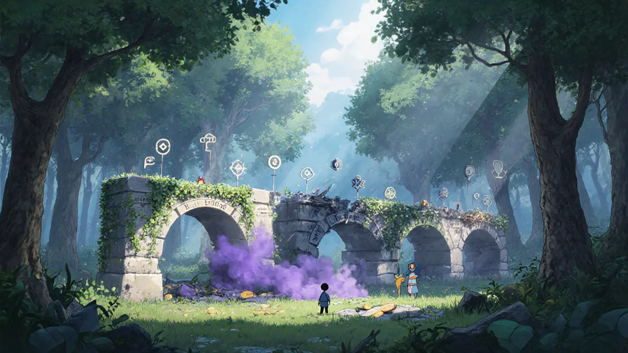 Four elegant stone bridges glow in a forest, while a ruined fifth bridge crumbles into thorny vines and shadow.