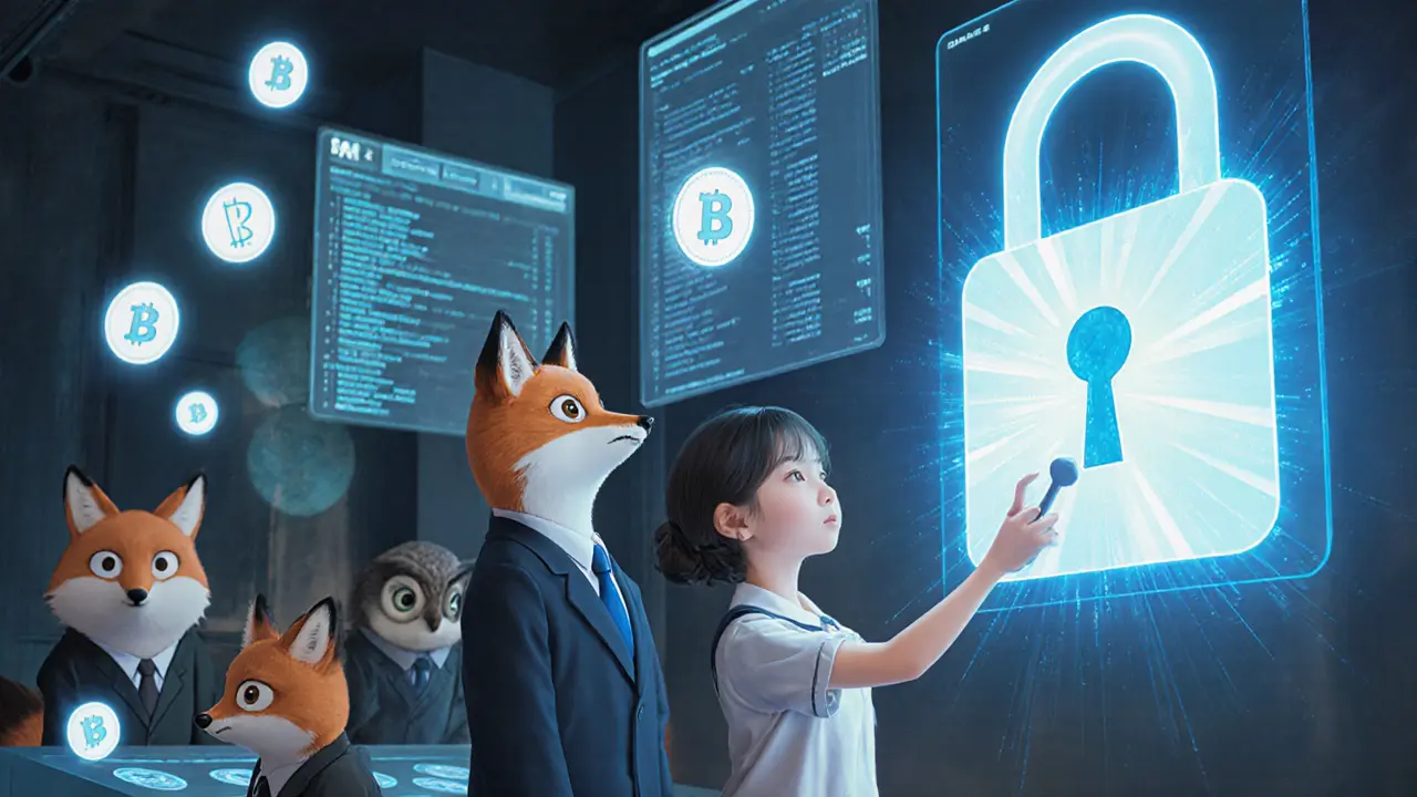 Friendly animal bankers managing holographic blockchain ledgers in a cozy state-chartered digital bank, with stable tokens glowing like lanterns.