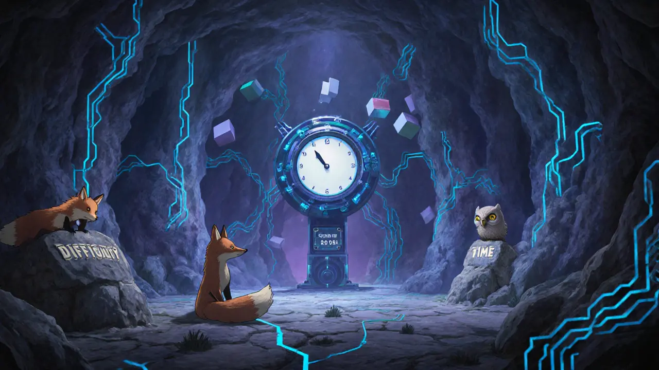 Mechanical foxes and owls adjust glowing dials in a stone cavern, symbolizing Bitcoin&#039;s automatic difficulty adjustment.