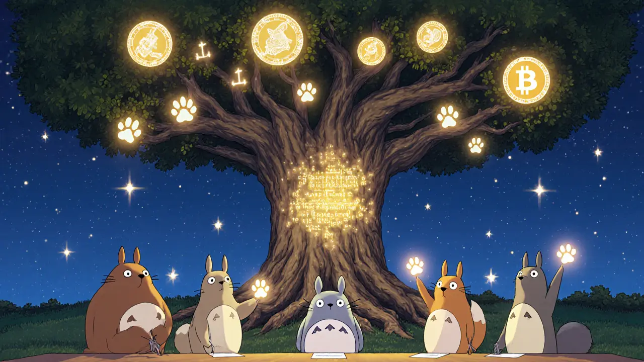 Spirit animals voting under starlit skies using glowing paw prints, with a blockchain-rooted tree holding tokenized assets as leaves.