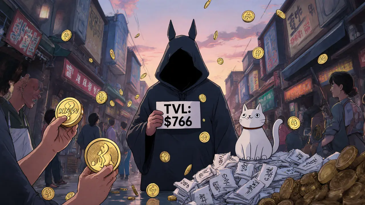 Traders in a dusk marketplace confuse KRW token with South Korean Won, causing chaotic wallet spills.