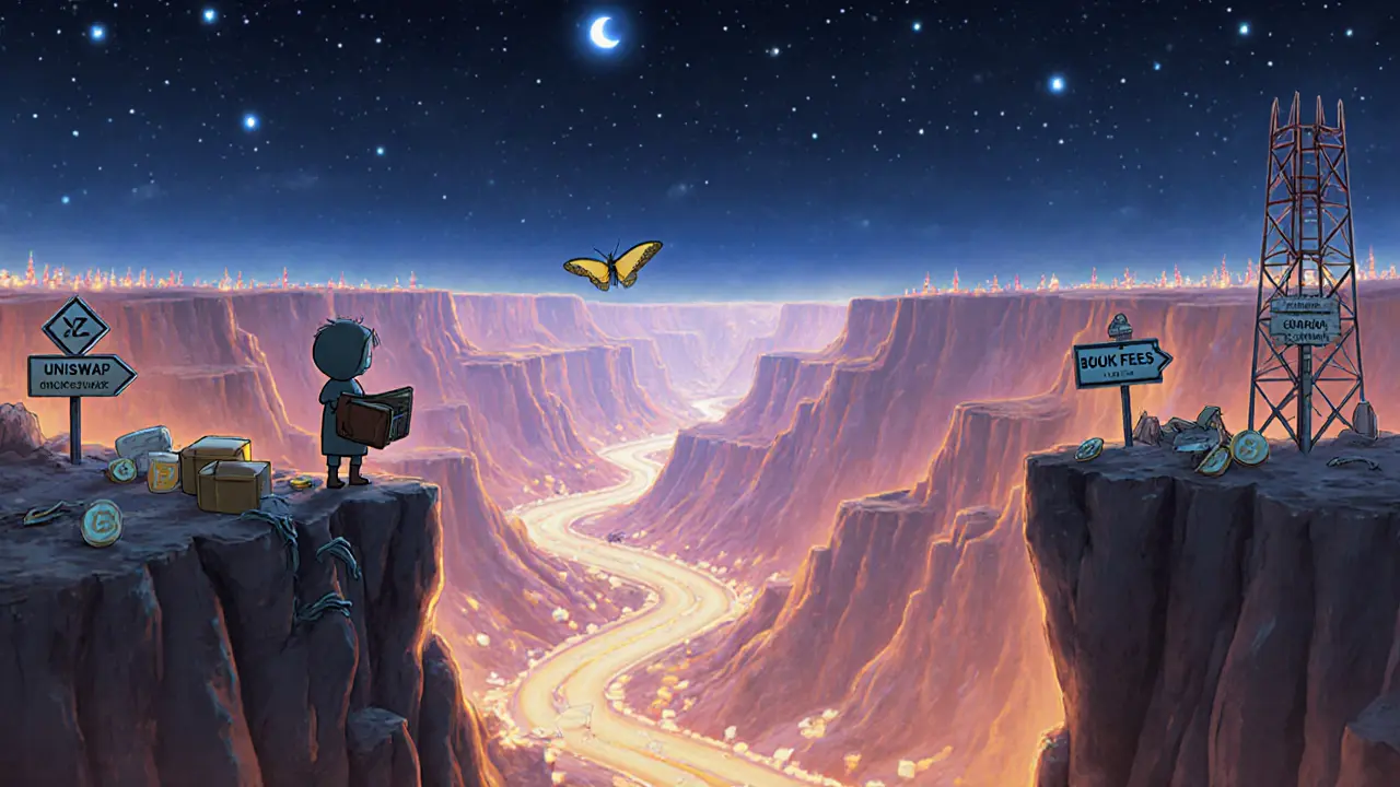 Two lonely figures on opposite cliffs in a canyon of blockchain nodes, with faded exchange signs in the distance.