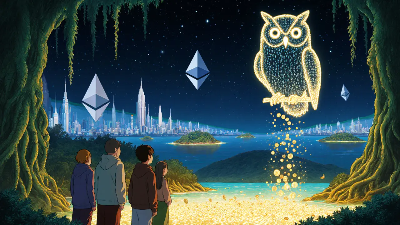 Users watch tokens transform into light beneath a city of floating towers, as a giant owl made of code watches over them.