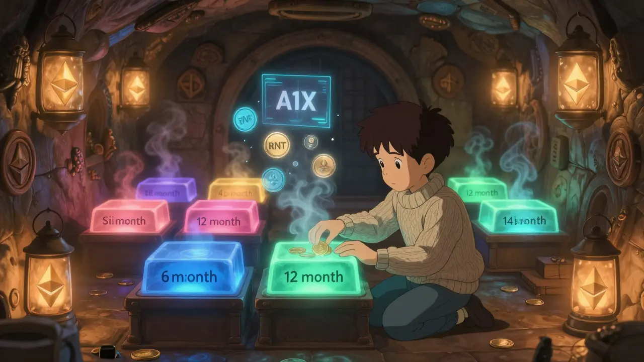 A boy adds B2M tokens to a glowing staking pool in a lantern-lit vault, with A1X and RNT tokens floating above.