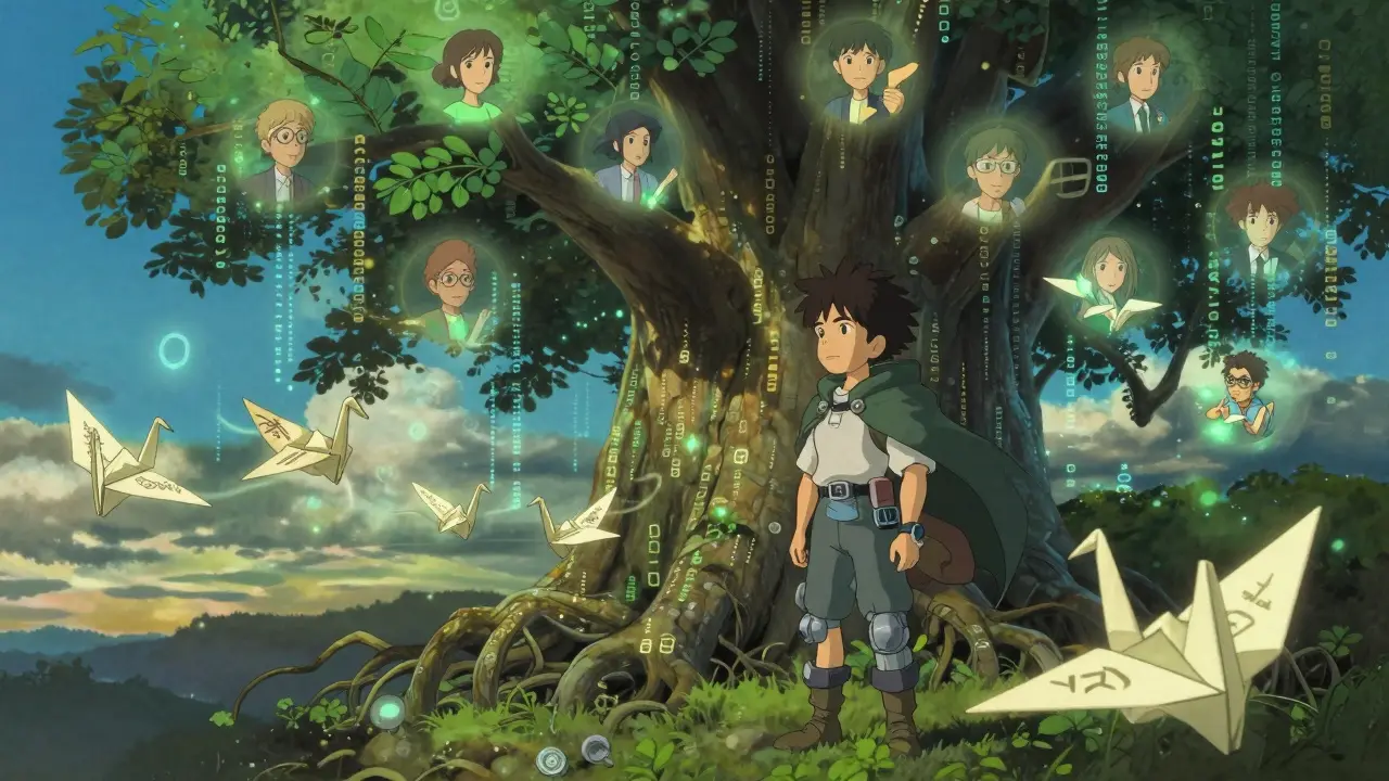 A child beside a blockchain-rooted tree with origami token cranes floating in twilight.