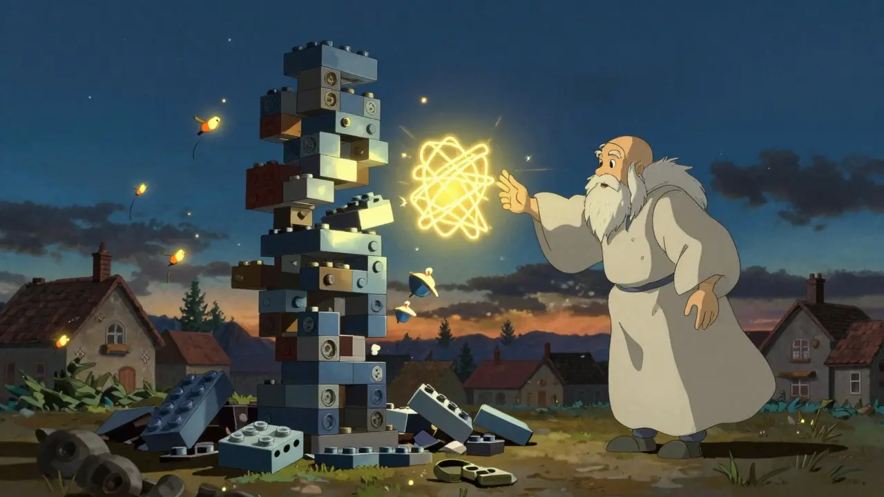 A collapsing DeFi tower with a guardian activating a firewall, at twilight in Studio Ghibli style.
