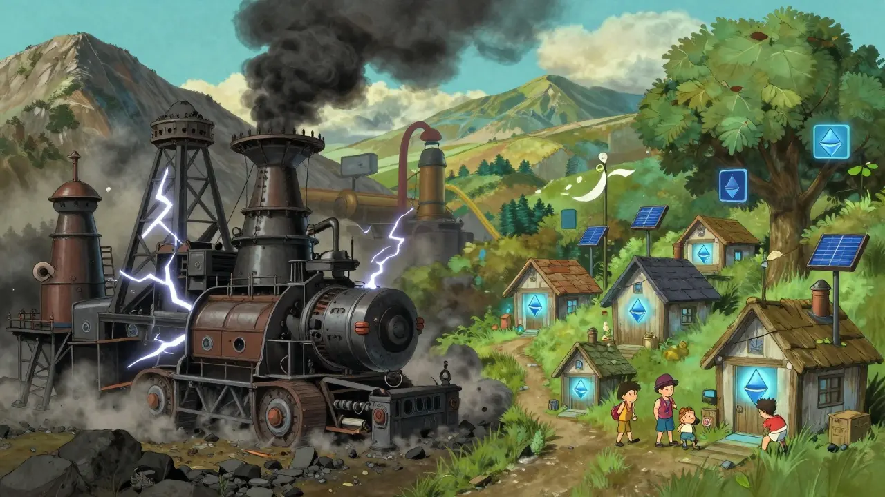 A contrast between a polluting mining factory and a peaceful village powered by renewable energy and blockchain light.