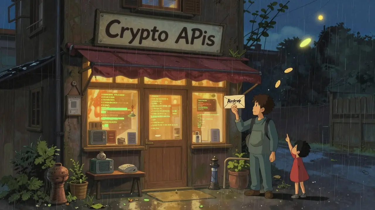 A cozy Crypto APIs shop at dusk in the rain, with a developer holding an airdrop envelope as tokens drift away like leaves into the night.