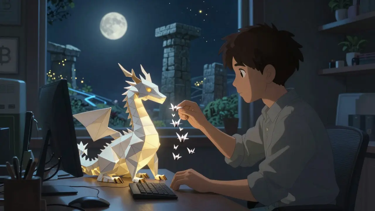 A developer releases 7,000 paper cranes representing transactions from a Polygon token into an Ethereum dragon.