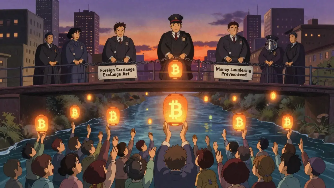 A digital river of Bitcoin flows beneath a city while officials block it with legal chains.