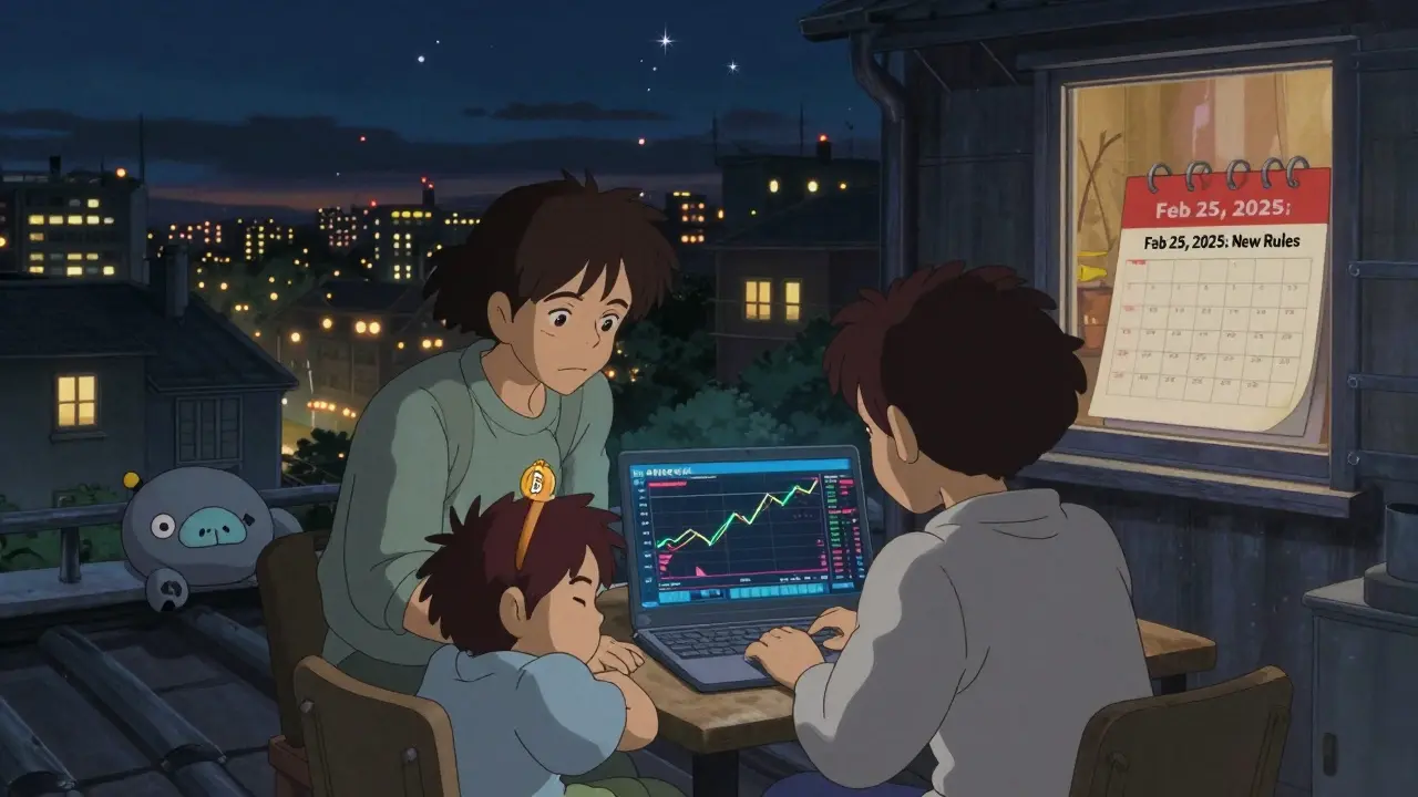 A family watches crypto charts on a laptop at night, city lights glowing outside their window.