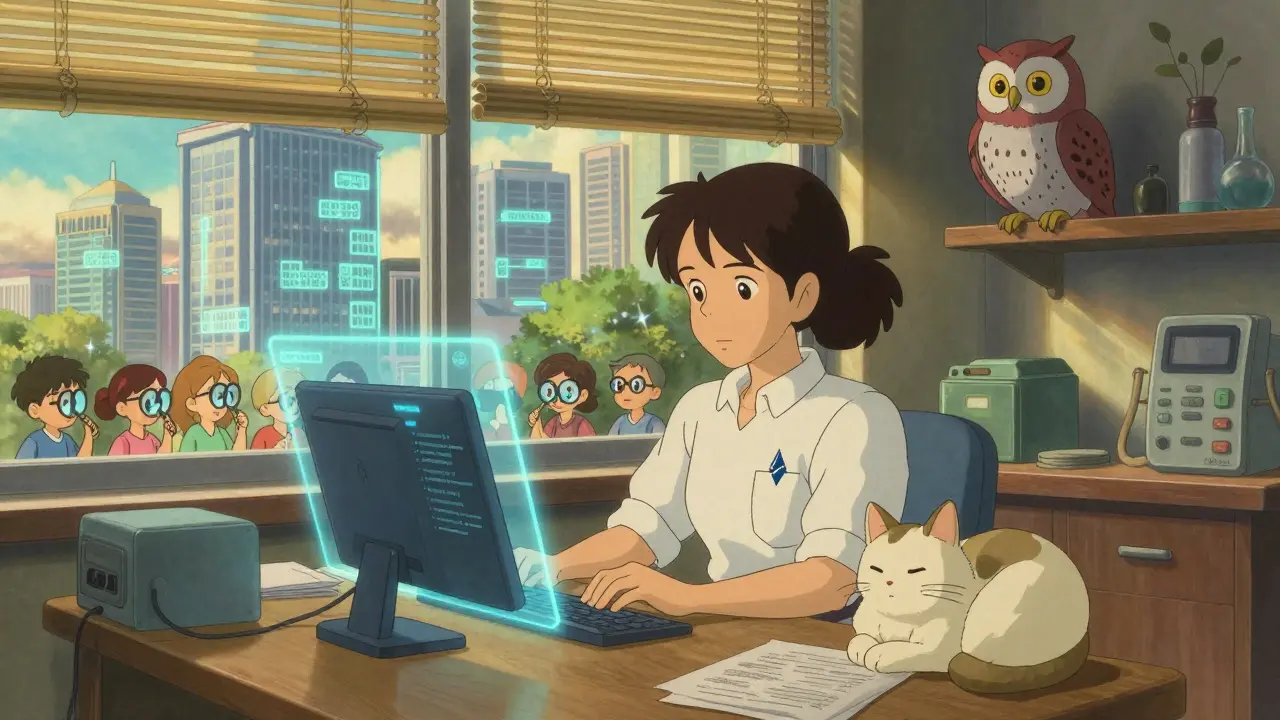 A female engineer in Singapore works with holographic smart contracts as a digital owl watches, tokenized skyscrapers glowing outside.