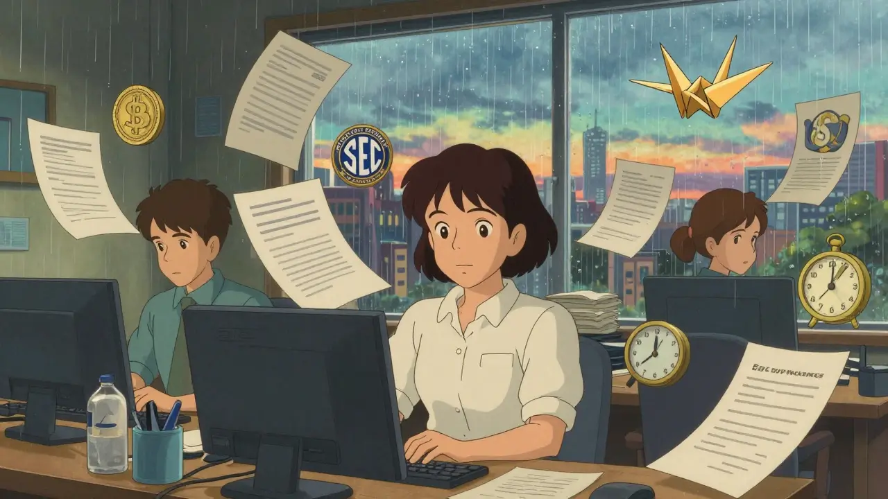 A female founder and compliance team in a Texas office with legal documents and tax clocks floating around them.