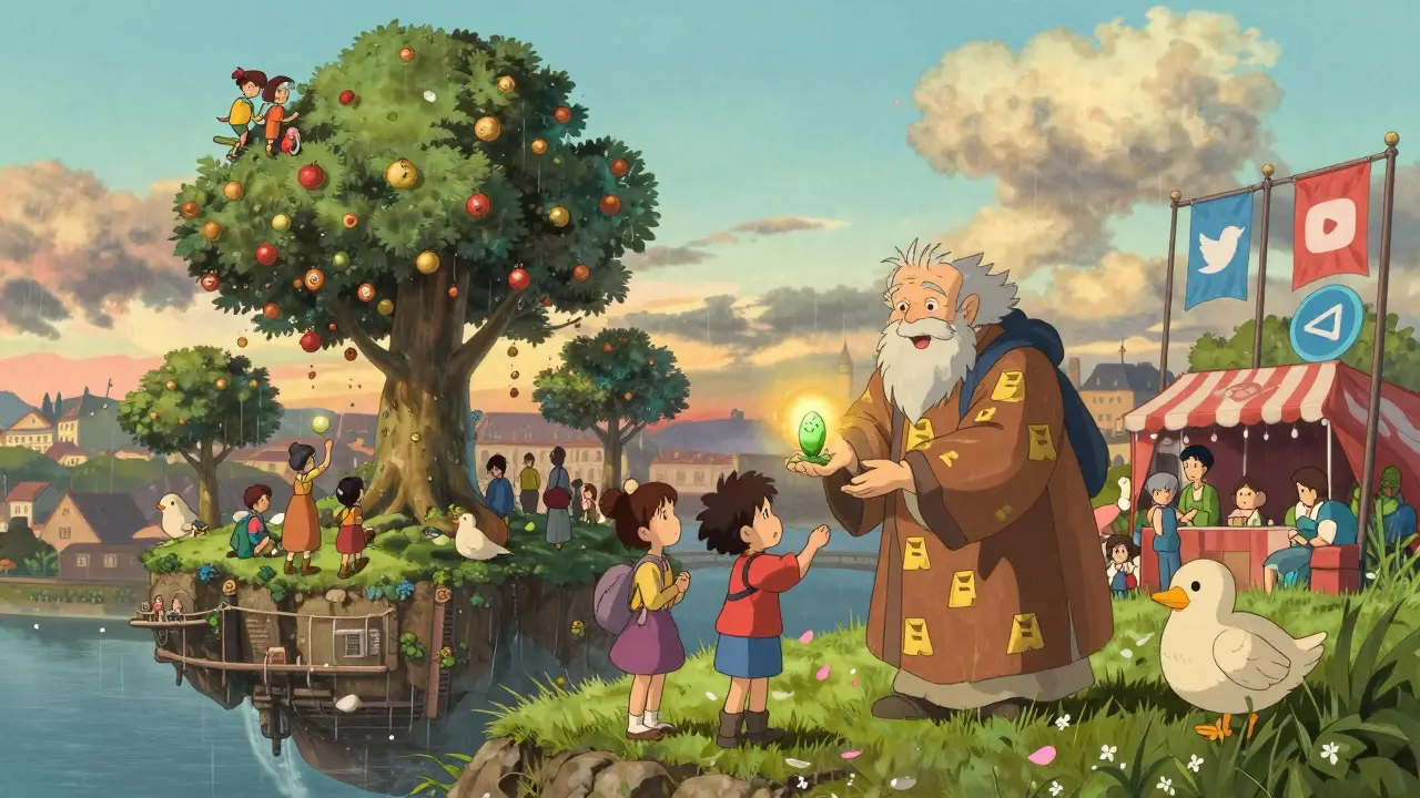 A festival on a floating island drops crypto tokens as fruit, with users celebrating under digital banners.