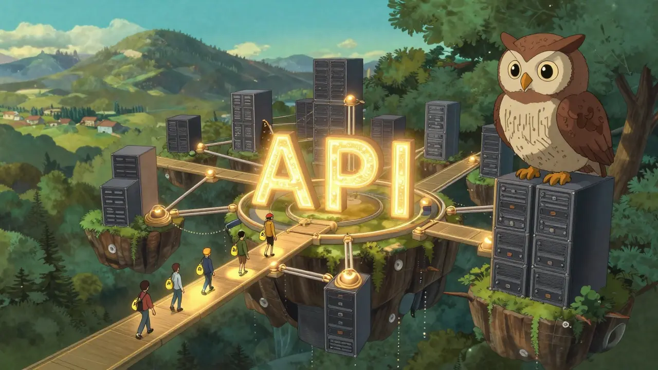 A floating digital city of blockchain chains and API nodes above a mountain valley, with developers carrying glowing API tokens and a wise owl guardian.