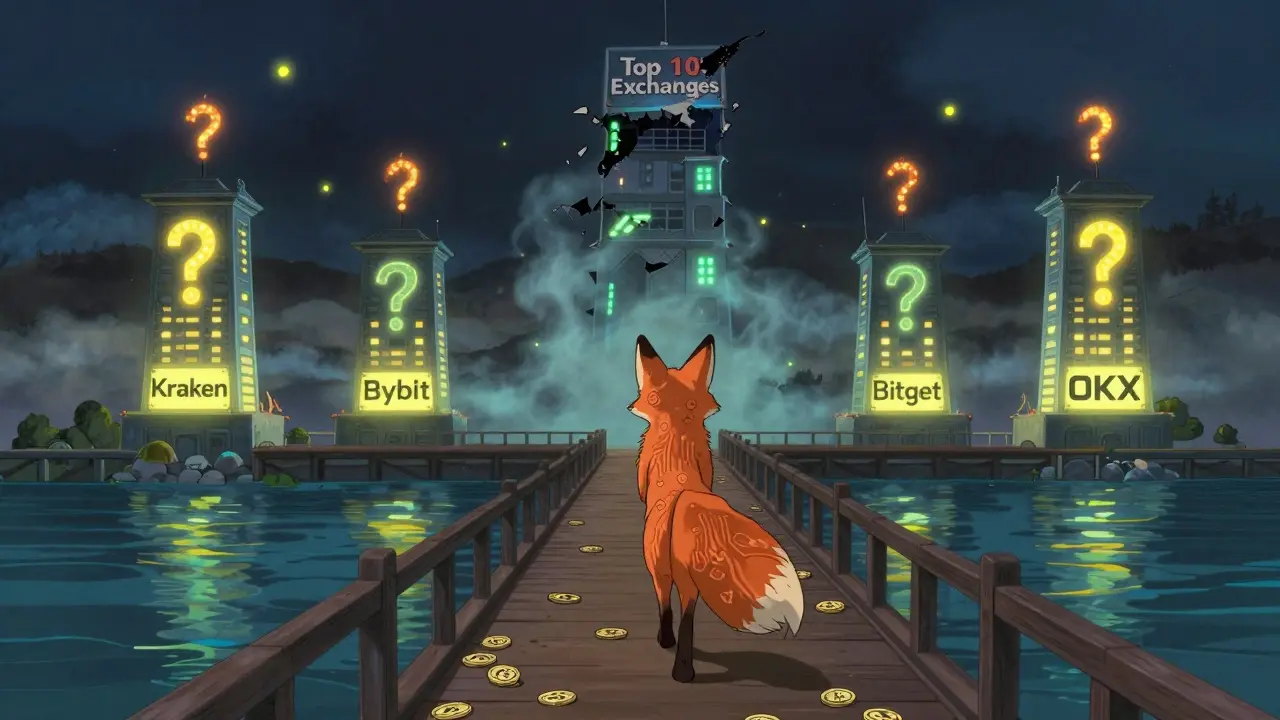 A fox with circuit fur walks away from a collapsing exchange tower toward safer digital towers under a starry sky.