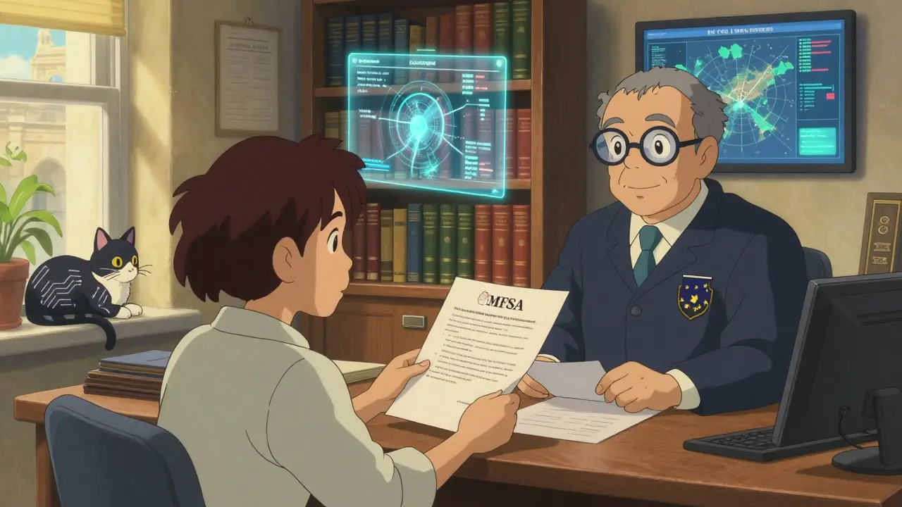 A gentle MFSA regulator and applicant in a sunlit office, with floating blockchain charts and a cat with circuit fur nearby.