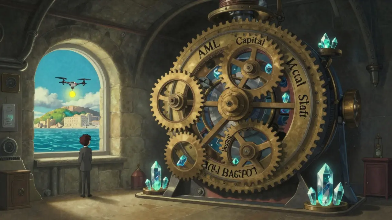 A giant clockwork licensing machine in an underground chamber, powered by glowing crystals, with a tiny figure watching a license blink on.