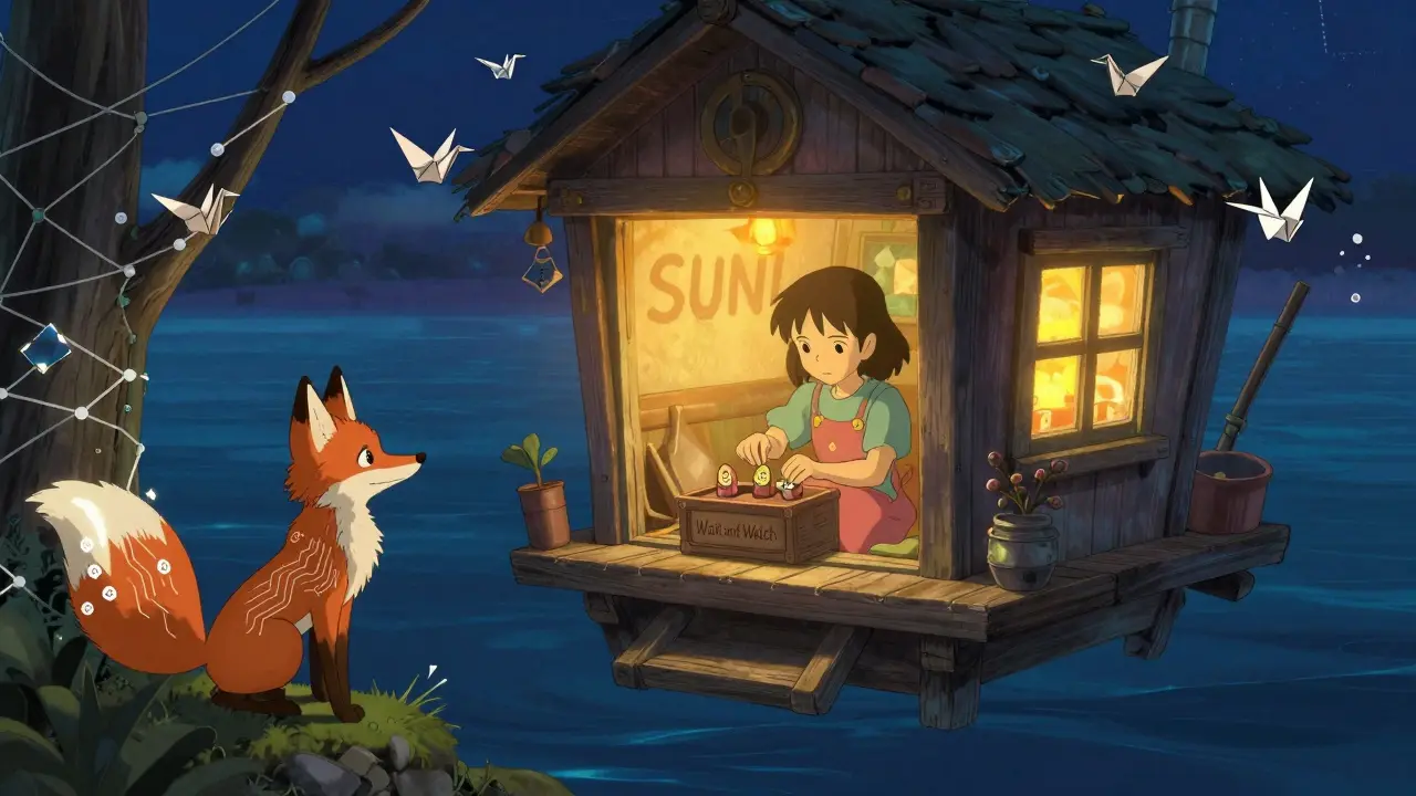 A girl in a floating cabin places tokens into a box as a fox with circuit fur watches from a blockchain tree.