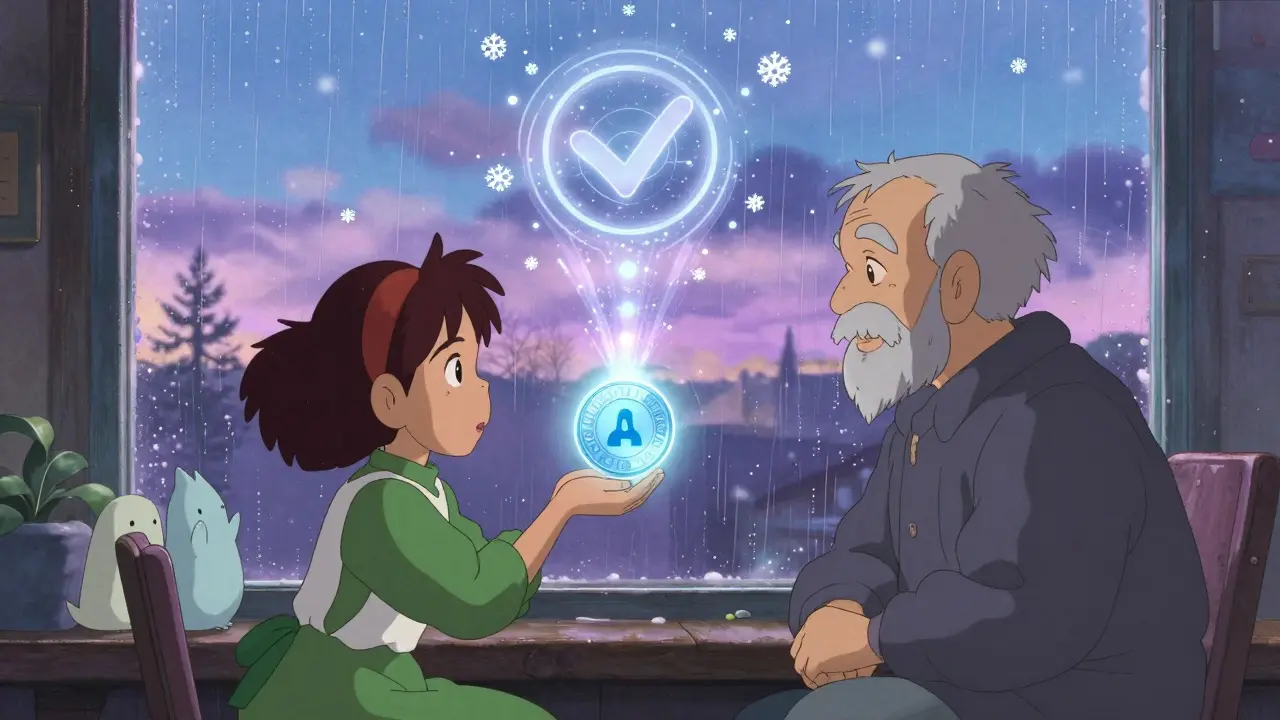 A girl in Nigeria receives a payment from a glowing portal while her grandfather watches from a rainy window.