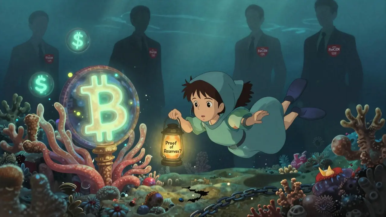 A girl swims through a coral reef of crypto symbols, shadowy regulators looming in deep water.