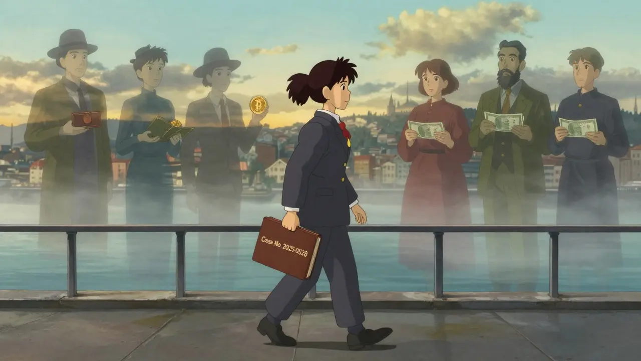 A lawyer walks across a bridge at dawn, surrounded by ghostly figures of crypto users and lira holders.