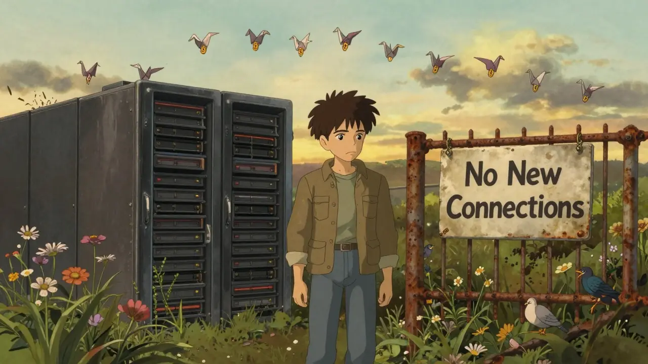 A lonely miner beside a closed data center, wildflowers growing around it, with paper cranes flying overhead.
