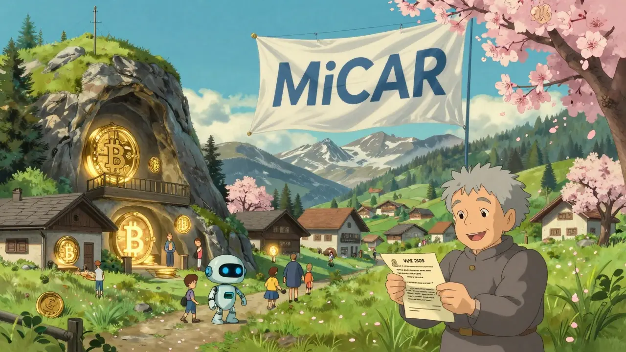 A peaceful alpine village where citizens stake crypto under cherry blossoms, with a glowing MiCAR banner in the sky.