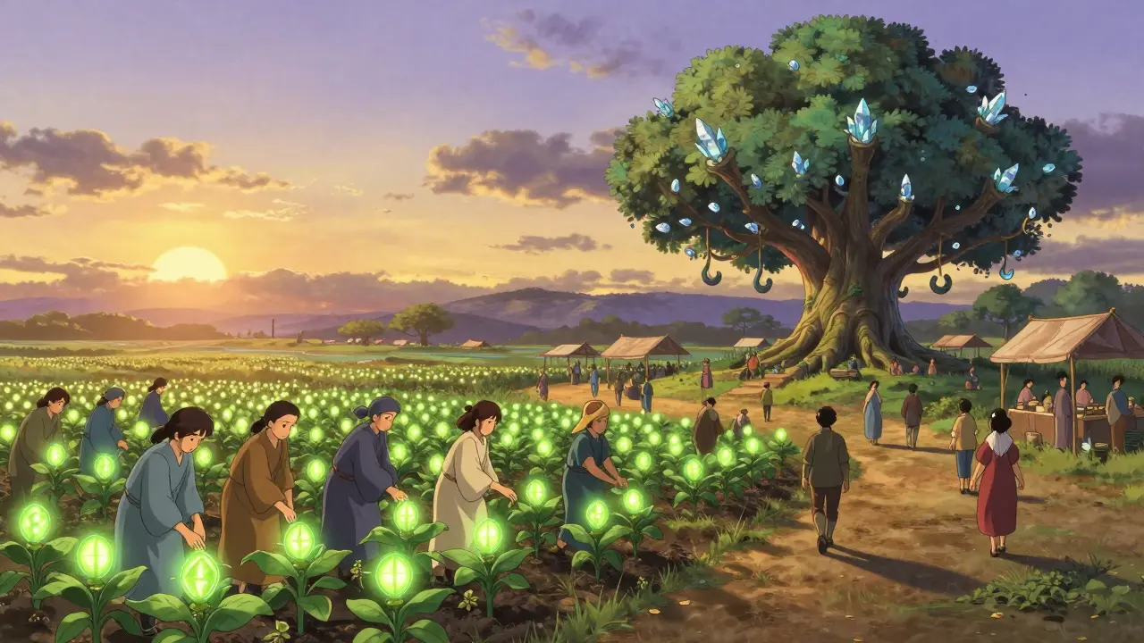 A peaceful DeFi valley with yield-glowing crops and a giant Uniswap v4 tree under a sunset sky, where traders walk calmly beneath it.